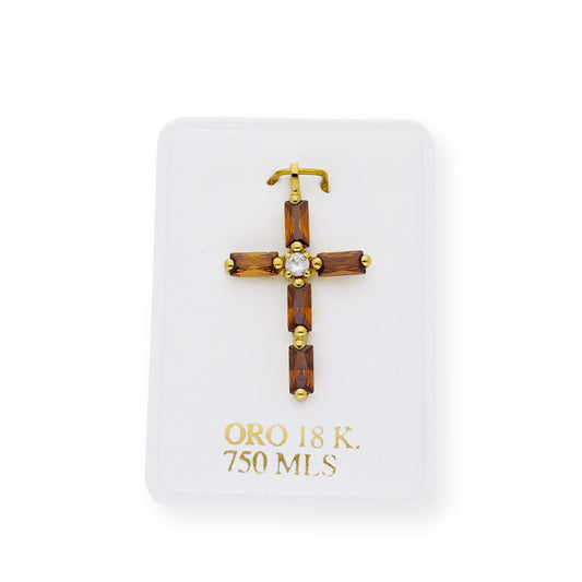 Colgante Cruz con Circonita y Cuarzo Fumé Oro 18K