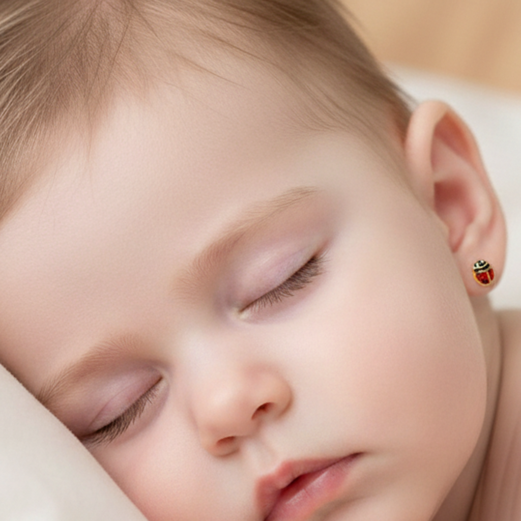 Pendientes Bebé Mariquita Esmaltada Grande de Oro 18K