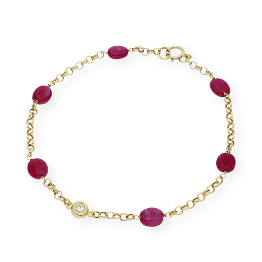 Pulsera de Rubíes Auténticos y Diamante Central en Oro de Ley 18k
