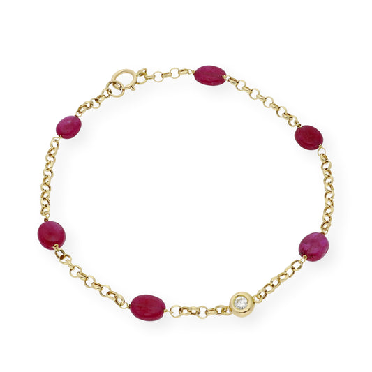 Pulsera de Rubíes Auténticos y Diamante Central en Oro de Ley 18k