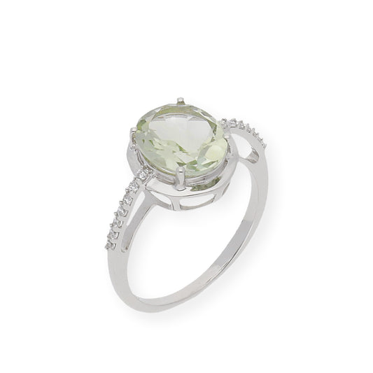 Anillo de Plata con Amatista Verde Central y Circonitas Laterales