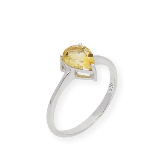 Anillo de Plata con Cuarzo Citrino Central en Forma de Pera