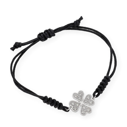 Pulsera Macramé de Oro Blanco de Ley con Diamantes y Diseño de Trébol