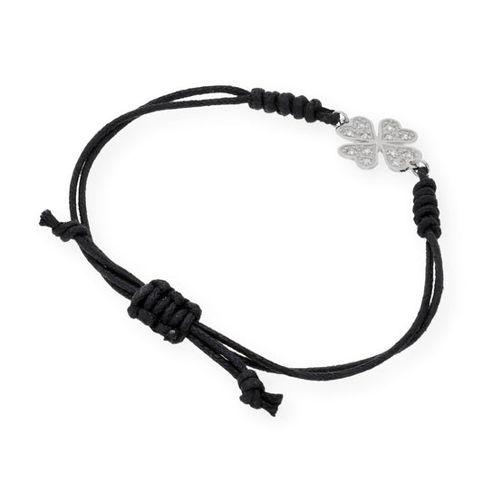 Pulsera Macramé de Oro Blanco de Ley con Diamantes y Diseño de Trébol