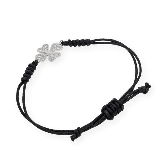 Pulsera Macramé de Oro Blanco de Ley con Diamantes y Diseño de Trébol