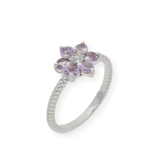 Anillo de Plata con Amatistas en Flor y Circonitas