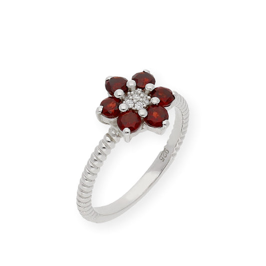 Anillo de Plata con Granates en Flor y Circonitas
