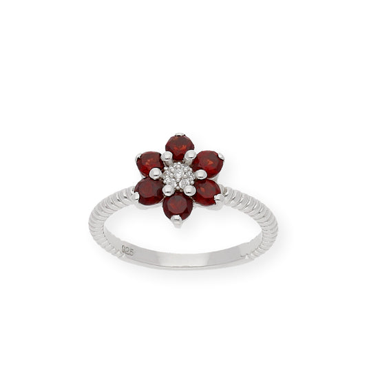 Anillo de Plata con Granates en Flor y Circonitas