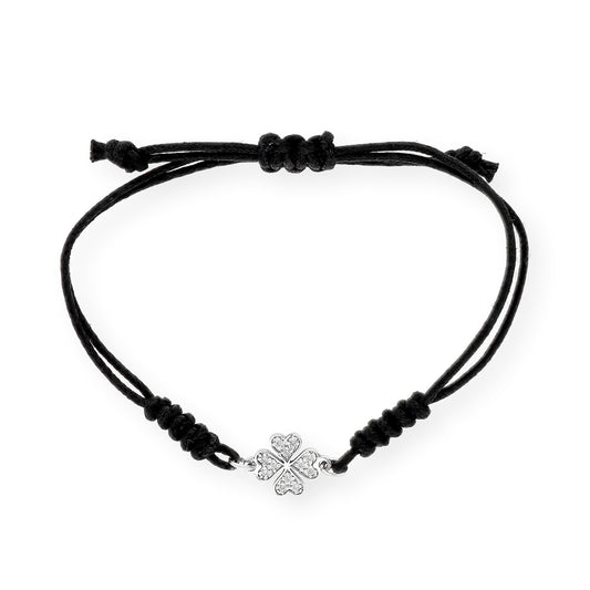 Pulsera Macramé de Oro Blanco de Ley con Diamantes y Diseño de Trébol