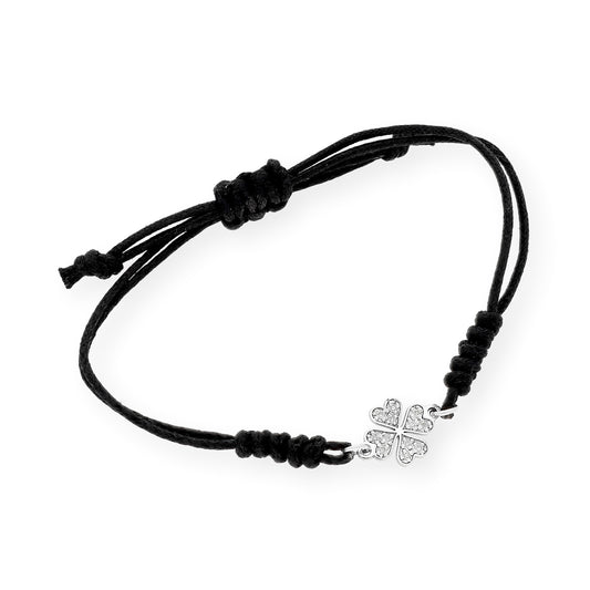 Pulsera Macramé de Oro Blanco de Ley con Diamantes y Diseño de Trébol