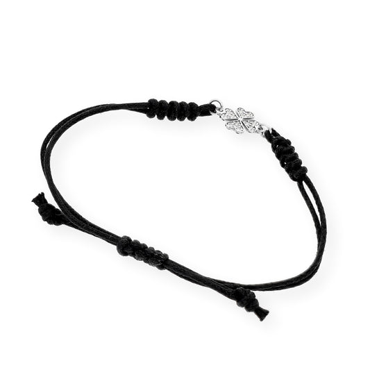 Pulsera Macramé de Oro Blanco de Ley con Diamantes y Diseño de Trébol