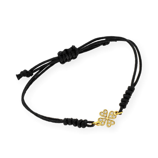 Pulsera Macramé de Oro de Ley con Diamantes y Diseño de Trébol