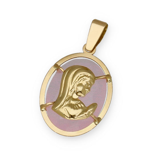 Medalla de la Virgen Niña en Oro 18k y Piedra Rosa Modelo Mirage