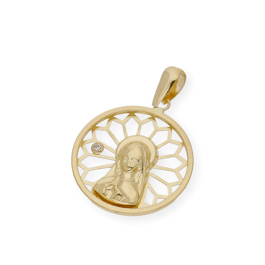 Medalla Virgen Niña en Oro 18K Redonda Calada con Circonita
