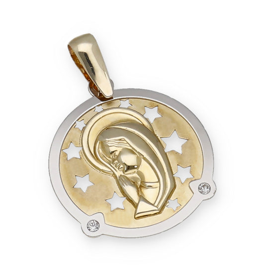 Medalla Virgen Niña en Oro 18k Bicolor y Circonitas Modelo Roma