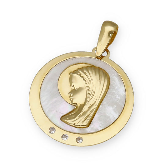 Medalla Virgen Niña en Oro 18k y Nácar con Circonitas Modelo Niza