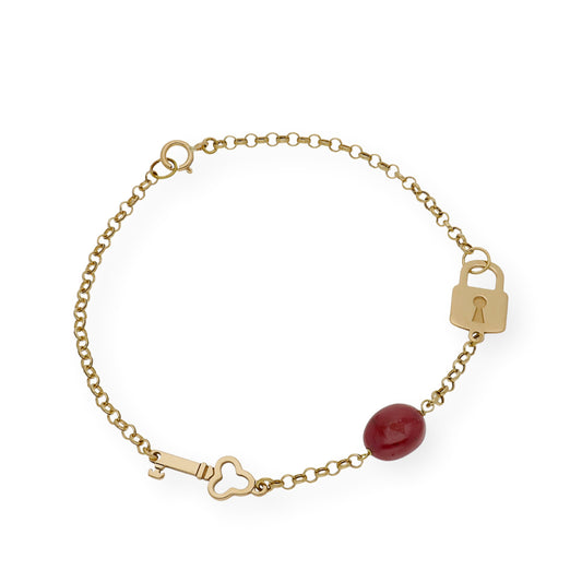 Pulsera con Candado y Llave en Oro de Ley 18K y Rubí