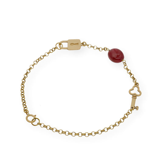 Pulsera con Candado y Llave en Oro de Ley 18K y Rubí
