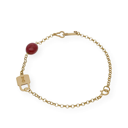 Pulsera con Candado y Llave en Oro de Ley 18K y Rubí