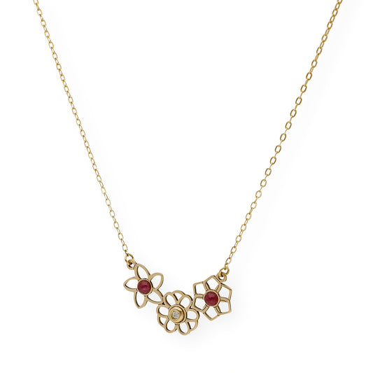 Collar con Colgante de 3 Flores en Oro de Ley 18k con Diamante y Rubíes