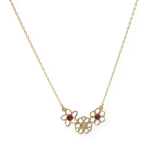 Collar con Colgante de 3 Flores en Oro de Ley 18k con Diamante y Rubíes