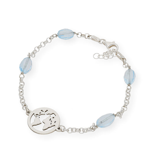 Pulsera de Plata con Topacios Azules y Diseño Mapa del Mundo
