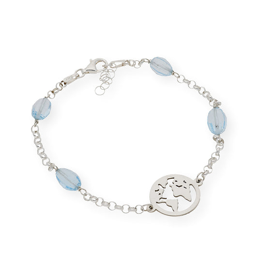 Pulsera de Plata con Topacios Azules y Diseño Mapa del Mundo