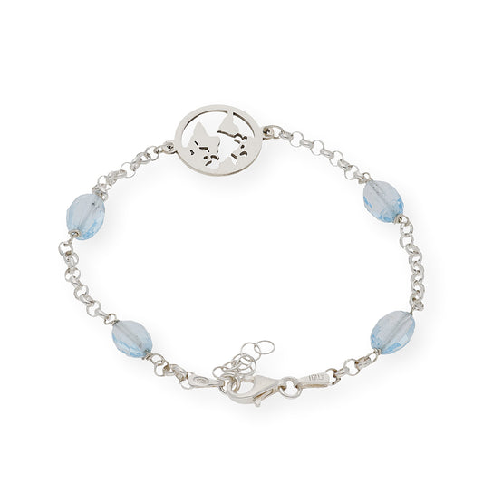 Pulsera de Plata con Topacios Azules y Diseño Mapa del Mundo