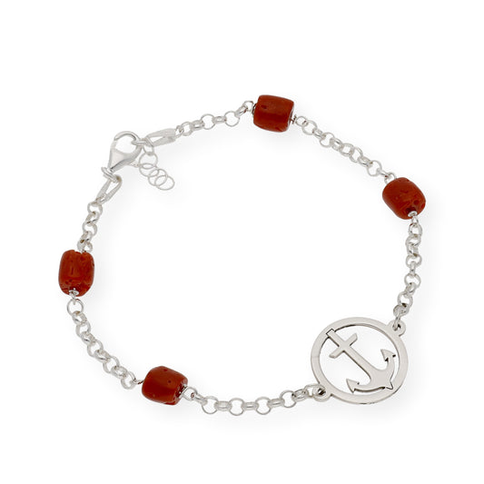 Pulsera de Plata con Corales y Diseño Ancla
