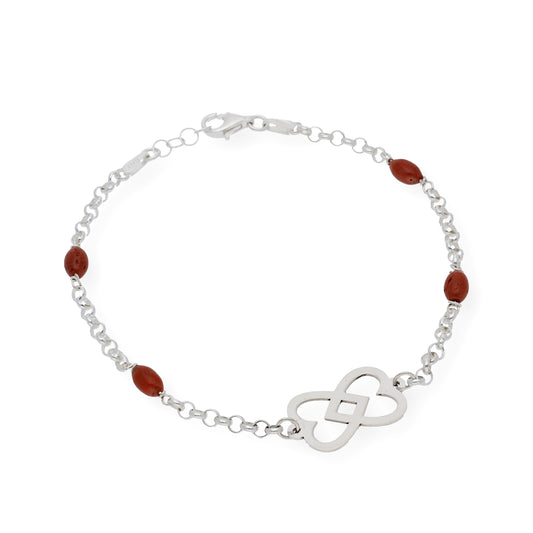 Pulsera de Plata con Corales forma oval y Diseño Corazones Entrelazados