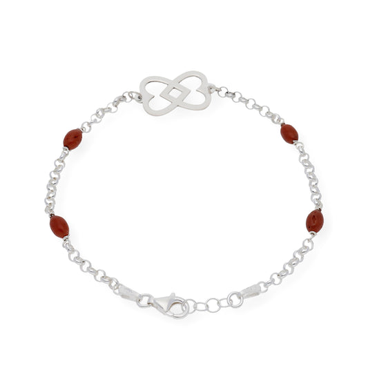 Pulsera de Plata con Corales forma oval y Diseño Corazones Entrelazados