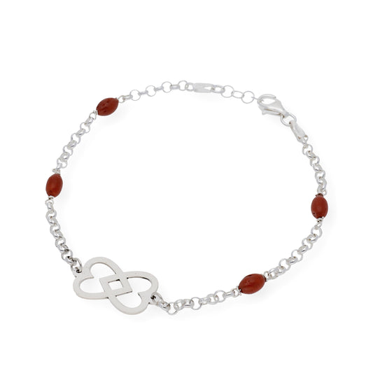 Pulsera de Plata con Corales forma oval y Diseño Corazones Entrelazados