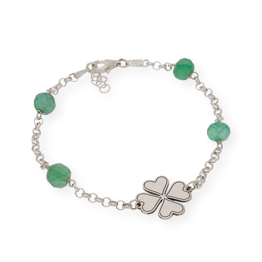 Pulsera de Plata con Esmeraldas y Diseño Trébol