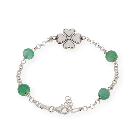 Pulsera de Plata con Esmeraldas y Diseño Trébol