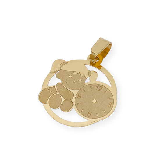 Medalla de Bebé Diseño Niña con Reloj en Oro de Ley 18k