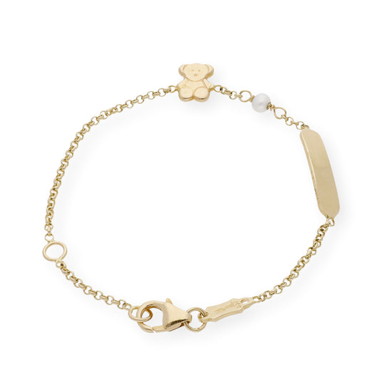 Esclava de Bebé en Oro y Perla Natural con Diseño de Oso