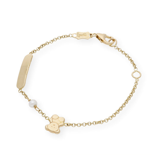 Esclava de Bebé en Oro y Perla Natural con Diseño de Oso