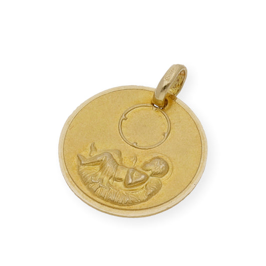 Medalla de Bebé Diseño de Niño en Pesebre con Reloj en Oro 18k