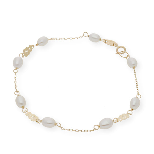 Pulsera de Comunión con Diseño de Oso y Perlas en Oro de Ley