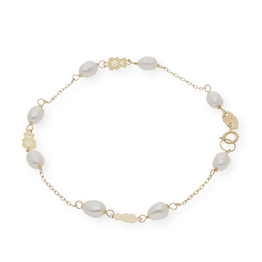 Pulsera de Comunión con Diseño de Oso y Perlas en Oro de Ley