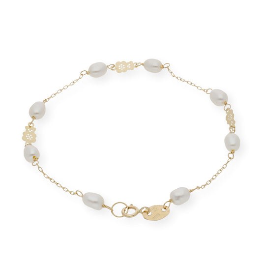 Pulsera de Comunión con Diseño de Oso y Perlas en Oro de Ley
