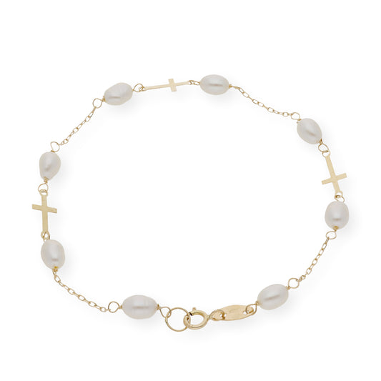 Pulsera de Perlas barrocas y Oro 18k con Diseño de Cruz
