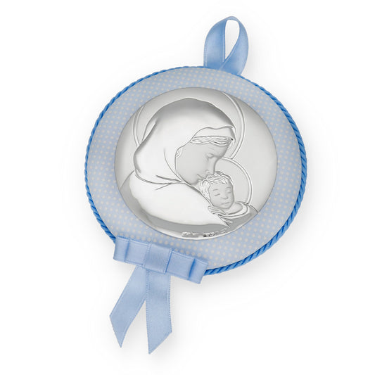 Medalla de Cuna Virgen con Niño en Baño de Plata y acabado Azul Modelo Frair