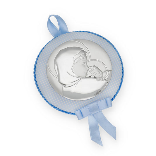 Medalla de Cuna Virgen con Niño en Baño de Plata y acabado Azul Modelo Frair