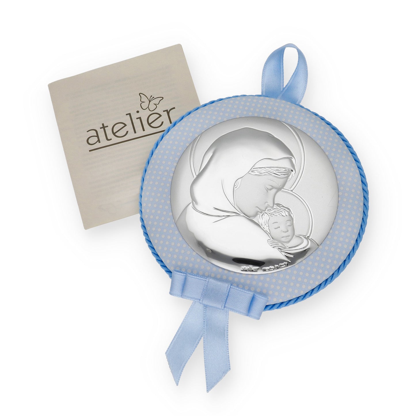 Medalla de Cuna Virgen con Niño en Baño de Plata y acabado Azul Modelo Frair