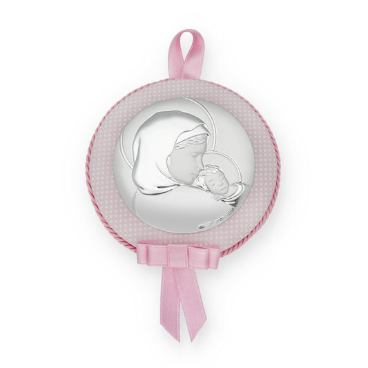 Medalla de Cuna Virgen con Niño en Baño de Plata y acabado Rosa Modelo Frair