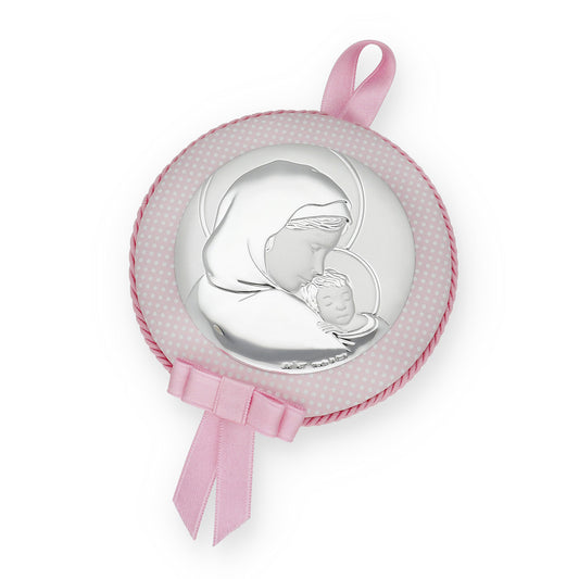 Medalla de Cuna Virgen con Niño en Baño de Plata y acabado Rosa Modelo Frair