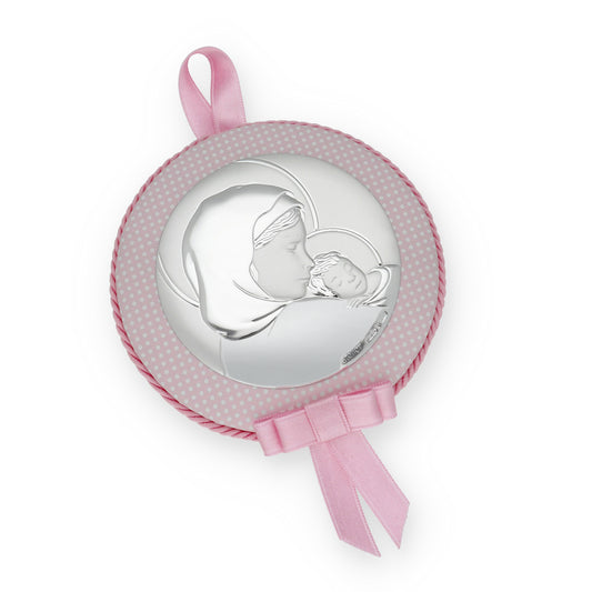 Medalla de Cuna Virgen con Niño en Baño de Plata y acabado Rosa Modelo Frair