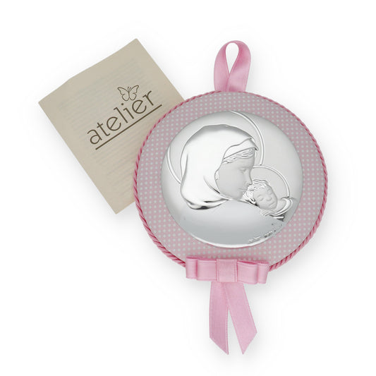 Medalla de Cuna Virgen con Niño en Baño de Plata y acabado Rosa Modelo Frair