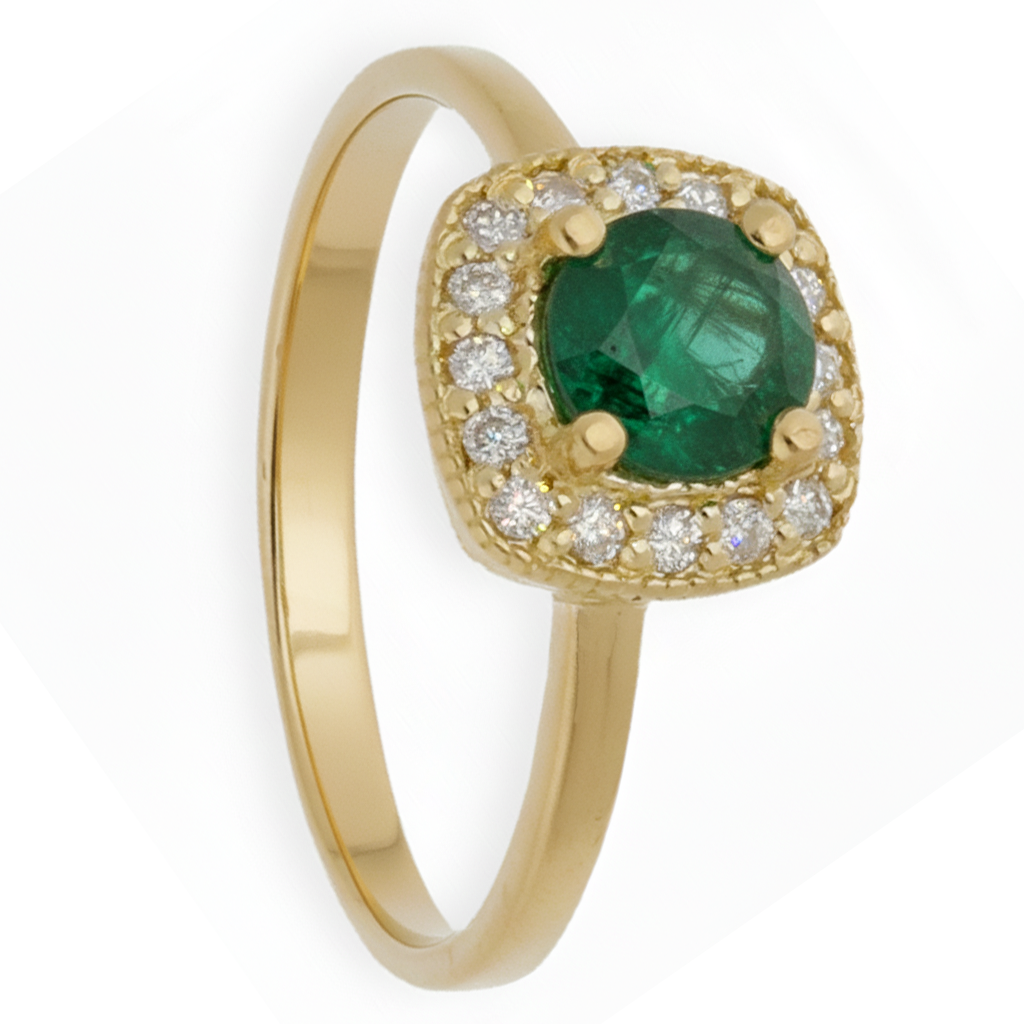 Anillo Isabella Oro 18K con Esmeralda y Orla de Diamantes